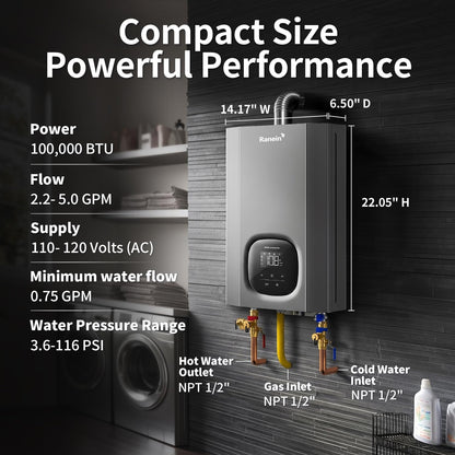 GEN II Ranein Propane Gas Tankless Water Heater Max 4.3 GPM, 100,000 BTU Indoor On Demand Instant Hot Water Heater with LED Temperature Control Panel