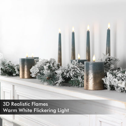 Fanna Flameless LED Pillar Candles with Timer for Wreath, Battery Operated Rustic Wax Candles with Remote for Christmas, 8 Batteries Included - Set of 4 (D 3" x H 4") - Misty Blue/Copper