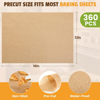 CAREGY 360Pcs Unbleached Parchment Paper Sheets, 12 x 16 Inch,Precut Non-Stick Parchment Paper for Baking,Cooking, Grilling, Air Fryer and Steaming,Fit for Half Sheet Pans