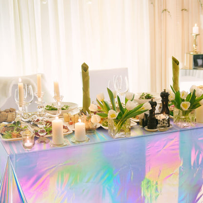 FunnyPars 4 Pack Iridescent Plastic Tablecloths Shiny Disposable Laser Rectangle Table Covers Holographic Foil Tablecloth Iridescent Party Decoration