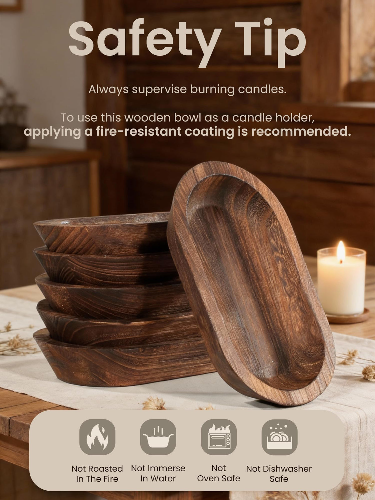 Duseu 6 PCS Wooden Dough Bowls for Candle Making, 9.45 x 5.5 x 1.57 inch Rustic Dough Bowls Bulk for DIY Crafts Farmhouse Supplies Decoration, Brown