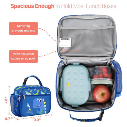 BrainyBees Insulated Kids Lunch Bag - Reusable Boys Lunch Box with Water Bottle Holder Toddler Lunch Tote Bag for Daycare and School, Easy to Clean, Blue Cute Dinosaur