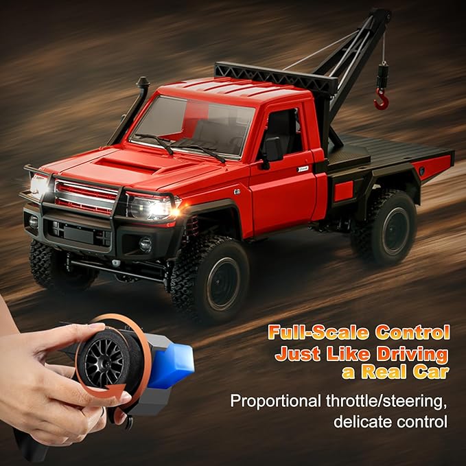 RC Crawler 1:12 Scale MN82 New Upgrades MN82-T RC Crane Truck 4WD LC79 Land Cruiser Rock Crawler with Lights Speed Adjustment Crane Tires All Terrain Wrecker for Teens Adults(Red)