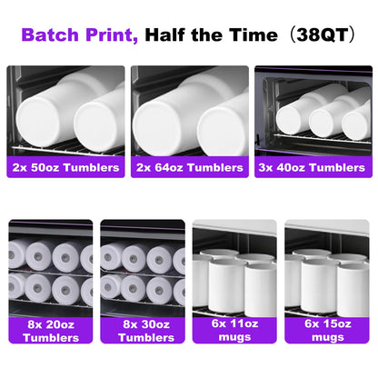 Sublimation Oven Machine with Fast Preheat & Precise Temperature,38QT/36L 120V 1800W Large Capacity for Sublimation Tumblers,Mugs,Bottles,Full Wrap Printing,Includes Gloves & Tape,Digital Touch Screen
