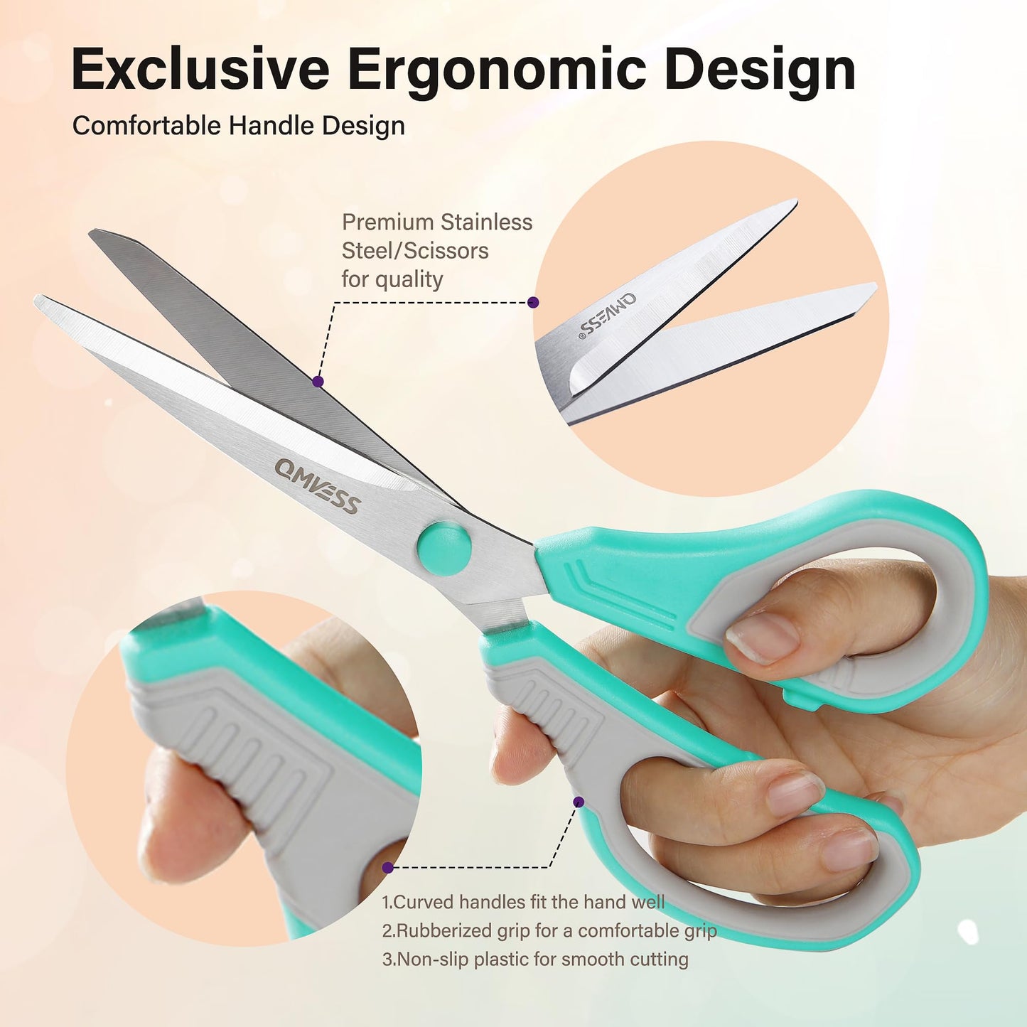 QMVESS 8.5" Scissors All Purpose 3 Pack, Ultra Sharp 2.5mm Thick Blade Scissors for Office, Professional Ergonomic Comfort Grip for Office School Home Fabric Sewing DIY Craft Cutting General Use