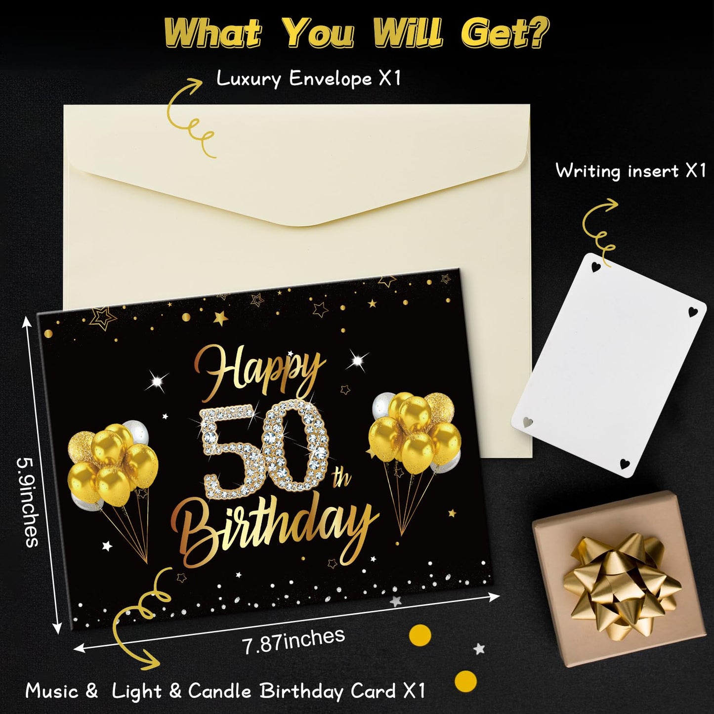 Turypaty 50th Birthday Cards Pop Up 3D Cake - Firework & Music & Blow Out Candle Light Funny Happy 50 Black Gold Birthday Card Gifts for Men, Women, Friends, Boyfriend, Dad, Mom, Husband, Wife