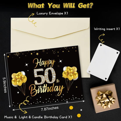 Turypaty 50th Birthday Cards Pop Up 3D Cake - Firework & Music & Blow Out Candle Light Funny Happy 50 Black Gold Birthday Card Gifts for Men, Women, Friends, Boyfriend, Dad, Mom, Husband, Wife