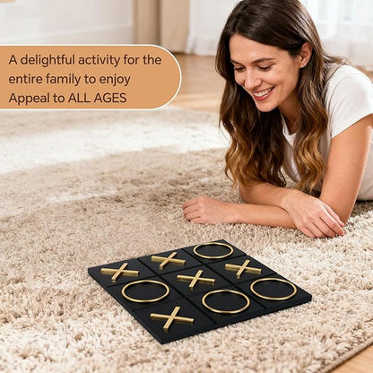 Tic Tac Toe Decor 10 x 10 Inch Wooden Black Wood Board with Gold/Silver X and O Pieces Modern Minimalist Coffee Table Decor for Living Room Office and Bookshelf Display (Gold)