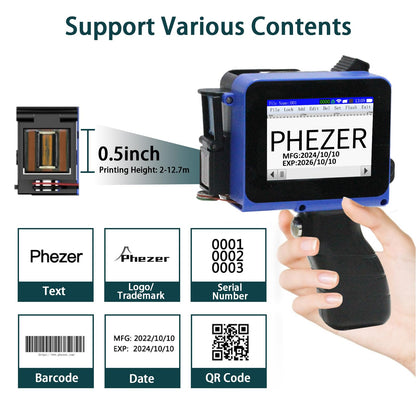 Phezer Mini Handheld Inkjet Printer PC11 for Flat and Curved Surface, with Touch Screen and Quick-Drying Ink Cartridge, Portable Pocket Marking Device for Label/Date/Barcode/Logo/Qrcode/Batch Number