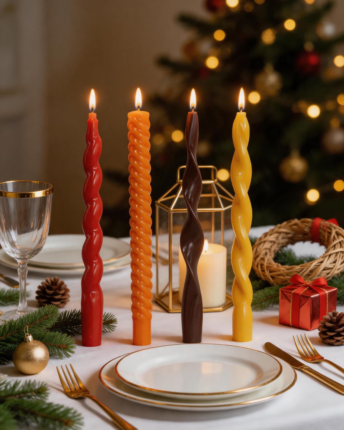 10 Inch Spiral Taper Candles Fall Tapered Candle Smokeless Unscented Candlestick Long Slow Burning 8 Hours Tall Sticks for Christmas Wedding Dinner Parties-4Pack