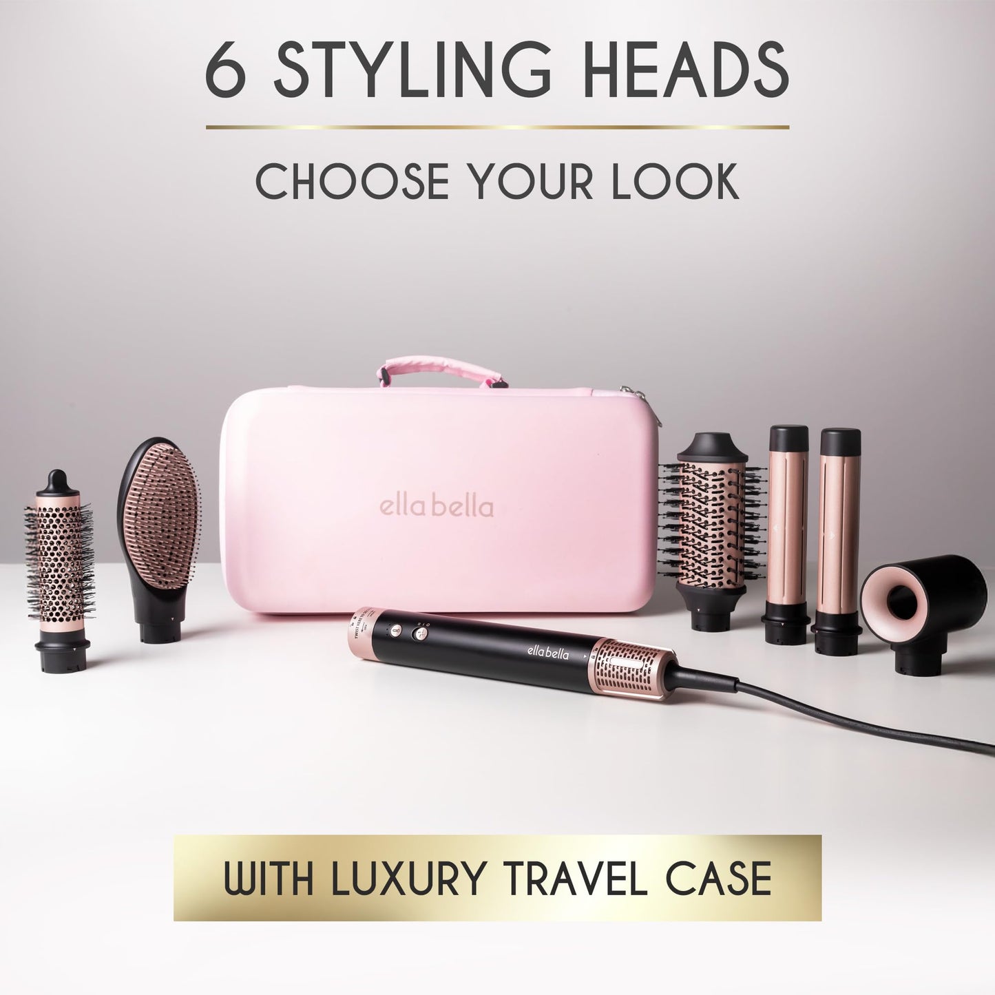 ELLA BELLA® 6 in 1 Professional Hot Air Styler • Powerful Hair Dryer & Straightener Set • Styling Without Heat Damage • Fast Drying Curling Volumizing Straightening • Includes Protective Travel Case