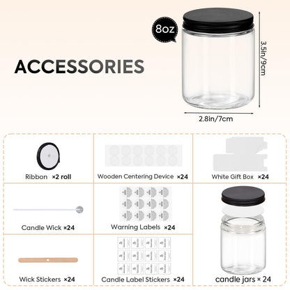 24 Pack 8OZ Thick Glass Jars with Metal Lids,Candle Jars for Candle Making with Kits & Labels & Gift Box,Empty Glass Jars for Food Storage,Canning, Spices, Liquids