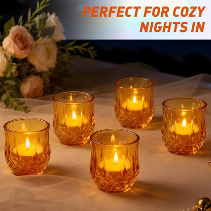 12 Pcs Votive Candle Holders, Amber Glass Tea Lights Candle Holder in Bulk for Table Centerpiece, Tealight Candle Holders for Wedding, Party, Home, Bridal Shower, Birthday