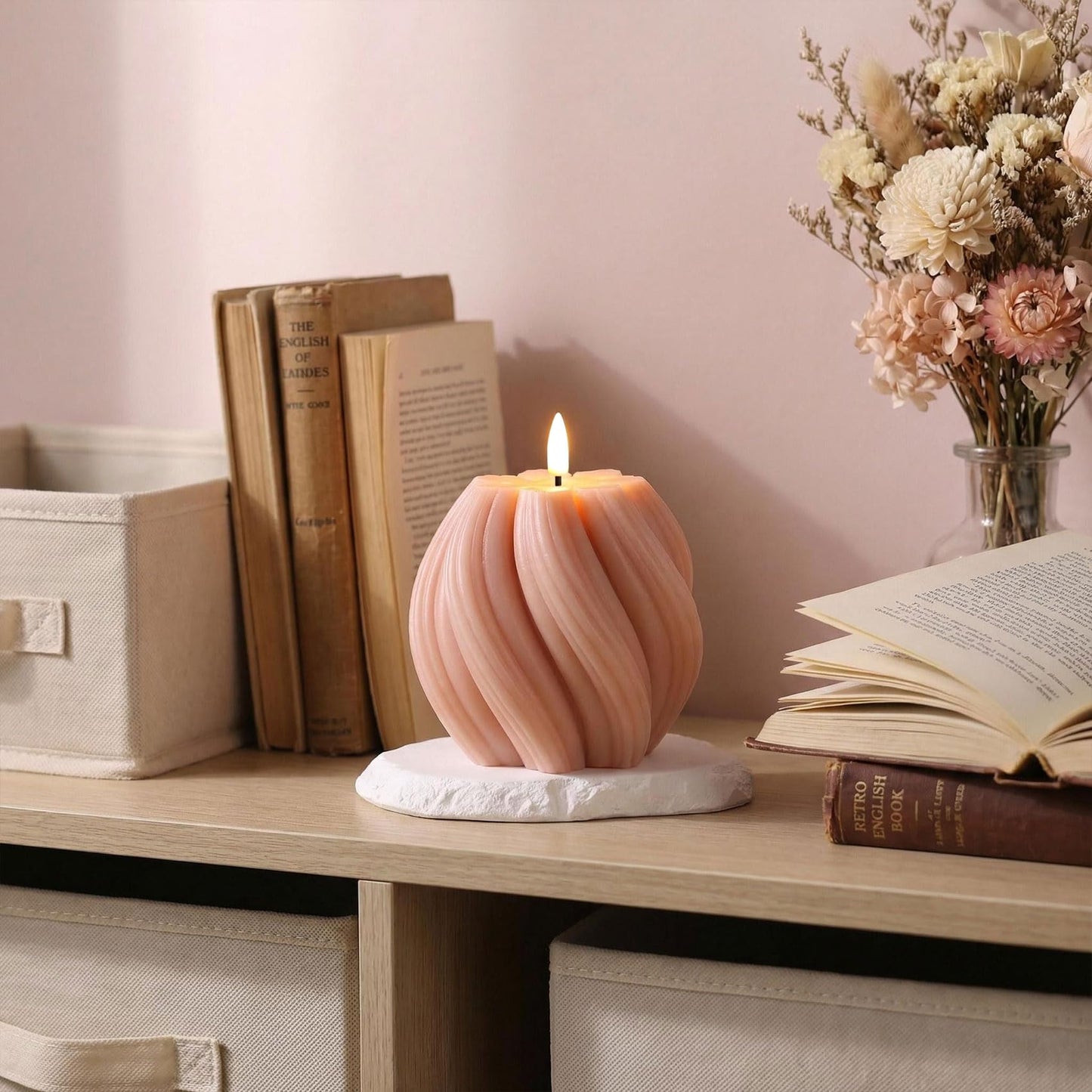 Girimax Dusty Pink Swirl Flameless Candles with Remote, Flickering LED Wax Candle Aesthetic Home Shelf Decor 1 Pack