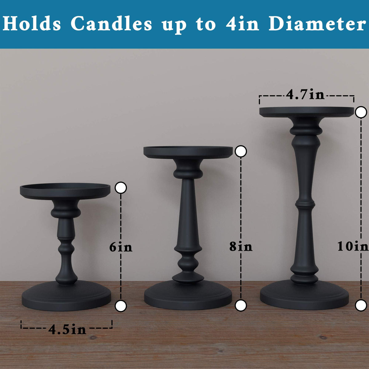 Matte Black Candle Holders Set of 3 - Metal Candle Holders for Pillar Candles & LED Flameless Candles - 6, 8 & 10 Inch Tall - Decorative for Table, Fireplace & More - Pillar Candles Holders Sets of 3