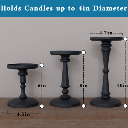 Matte Black Candle Holders Set of 3 - Metal Candle Holders for Pillar Candles & LED Flameless Candles - 6, 8 & 10 Inch Tall - Decorative for Table, Fireplace & More - Pillar Candles Holders Sets of 3