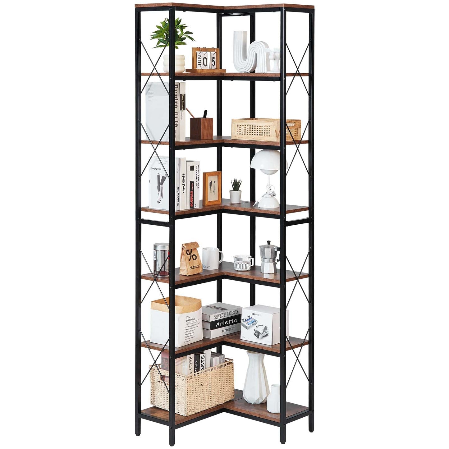 VEVOR 7 Tier Corner Bookshelf, Tall Corner Bookcase Strage, Large L-Shaped Bookshelf Organizer with Metal Frame & Wooden Shelves, Reversible Display Book Shelf Rack for Bedroom, Living Room, Office