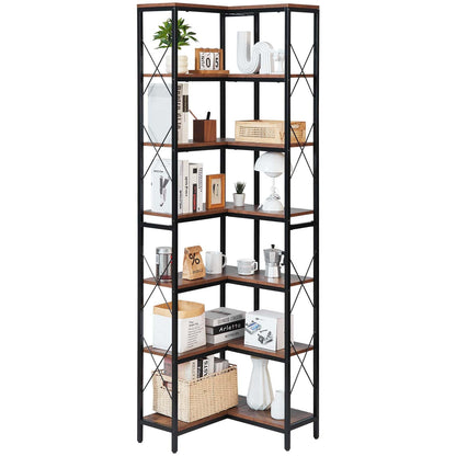 VEVOR 7 Tier Corner Bookshelf, Tall Corner Bookcase Strage, Large L-Shaped Bookshelf Organizer with Metal Frame & Wooden Shelves, Reversible Display Book Shelf Rack for Bedroom, Living Room, Office