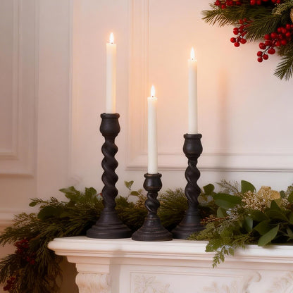 Candlestick Holders, 3 Pcs Rustic Black Candle Holder for Pillar Candles, 100% Solid Wood Decorative Candle Holders Distressed Wooden Farmhouse Candle Holder Large for Fireplace Table