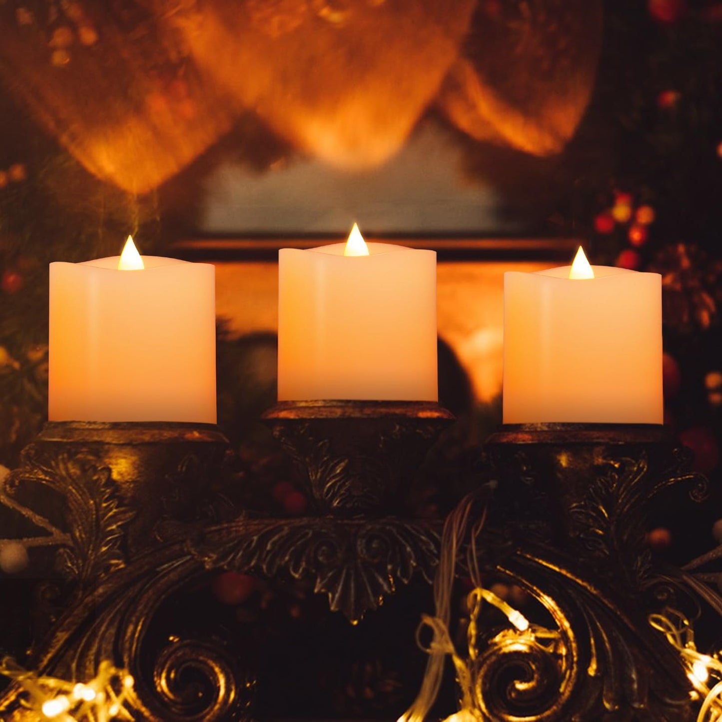 ASLDOIWEH 3x3 Flickering Flameless Candles Set of 3, 2AA Battery Life 600 Hours Battery Candles Flickering with Timer,3 inch Flameless Candles with Remote for Indoor/Outdoor, Ivory
