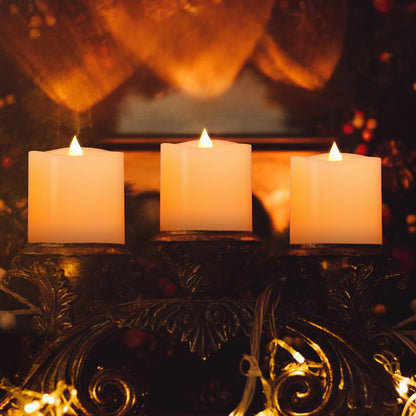 ASLDOIWEH 3x3 Flickering Flameless Candles Set of 3, 2AA Battery Life 600 Hours Battery Candles Flickering with Timer,3 inch Flameless Candles with Remote for Indoor/Outdoor, Ivory