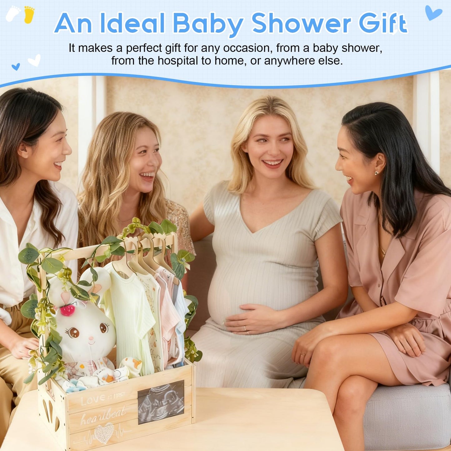 LLMQ Baby Gift Basket with Adjustable Handle, Thickened Wooden Baby Shower Crate Closet, Baby Shower Clothes Rack Storage Box, Larger Capacity Diaper Caddy Organizer (No Wreath)