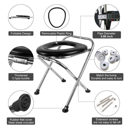 BLIKA Portable Toilet for Camping, 350LBS Stainless Steel Foldable Camp Travel Toilet with Soft Seat for Adults, Portable Potty for Camping, RV Travel, Road Trips