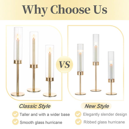Hewory Gold Candle Holders Hurricane Candlestick Holders, 6Pcs Candle Stick Candle Holder Candelabra, Taper Candle Holders with Glass Candle Cover for Wedding Table Centerpiece Christmas Decor