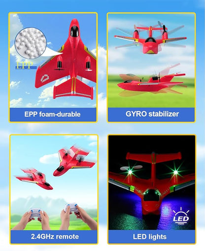 Remote Control Airplanes for Kids 2.4Ghz RC Water Plane Gifts for Boys Age 8-13 Year Old Easy to Fly Mini Glider with Gyro/Lights/2 Batteries Cool Toys for Birthday Christmas(Red)