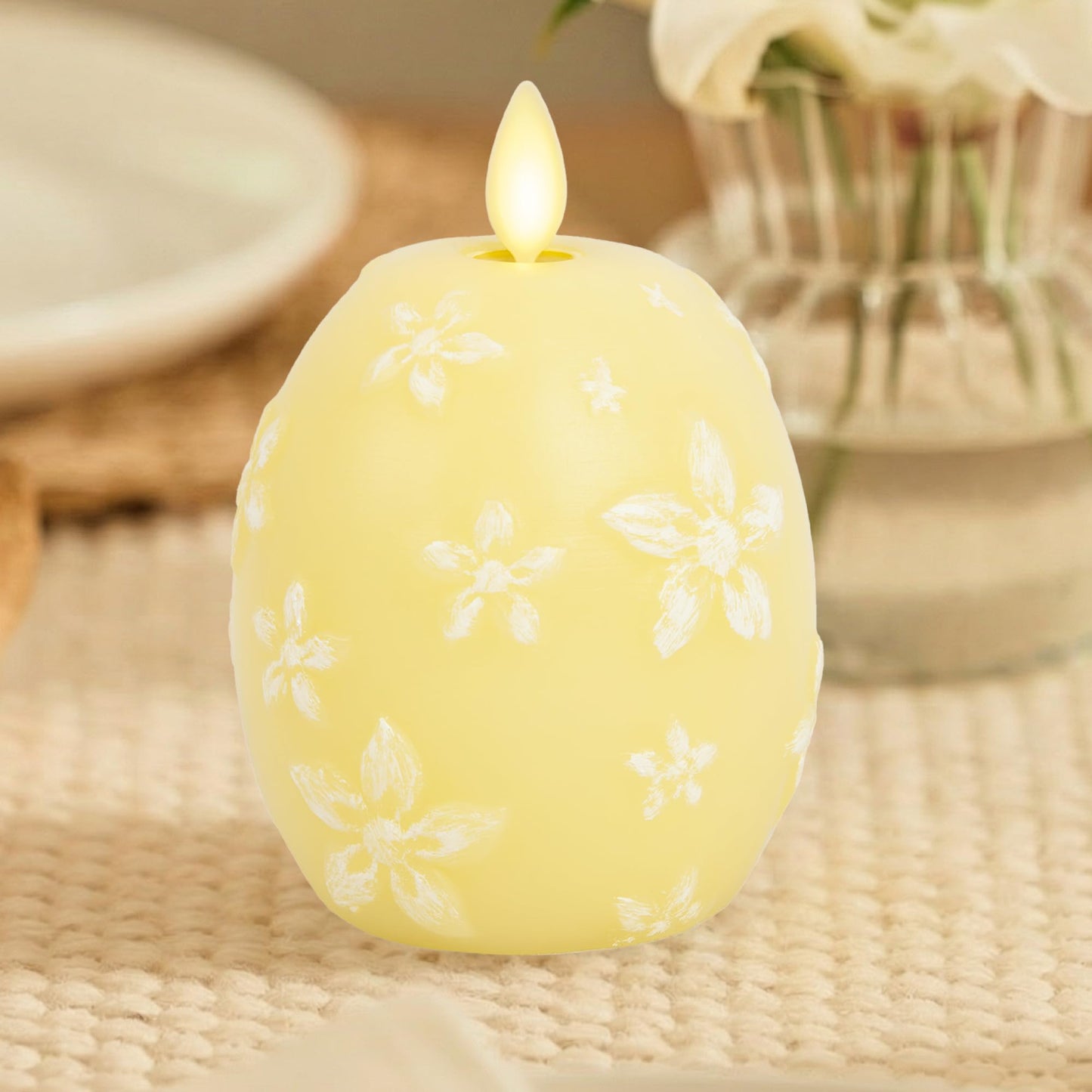 Luminara Flameless Candle Crystal Beads Glitter Sphere, Unscented Real Wax LED Candle, Timer, Holiday Decoration Centerpiece (Lemon Chiffon Floral)