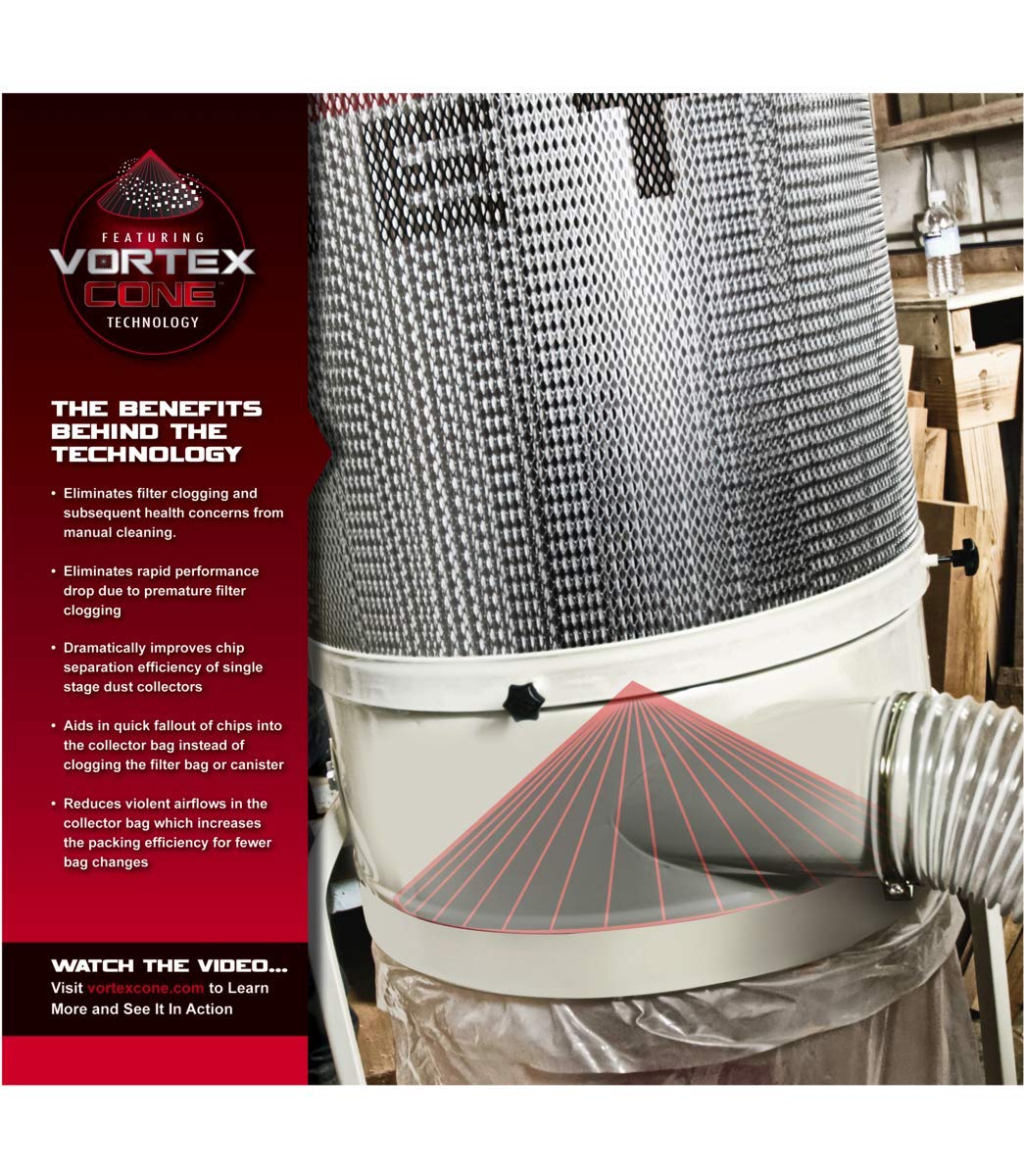 JET Vortex Cone Dust Collector, 30-Micron Bag Filter, 1-1/2 HP, 115/230V 1Ph (DC-1100VX-BK)