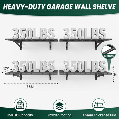 TOPIRON 4 Pack 2x3ft Garage Wall Shelves, 24x72 inch Heavy Duty Garage Shelving Wall Mounted Garage Storage Rack, 1400lbs Load Capacity Floating Metal Shelf, Black