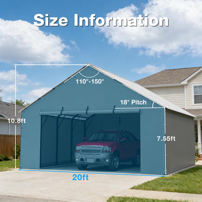 FLOUREE Metal Carport Zipper Door Replacement Fits 20'x16' 20'x20' 20'x25' 20'x26'Heavy Duty 220g PE Tarp, Waterproof UV Resistant Roll-Up Cover with Bungees, Gray (No Frame)