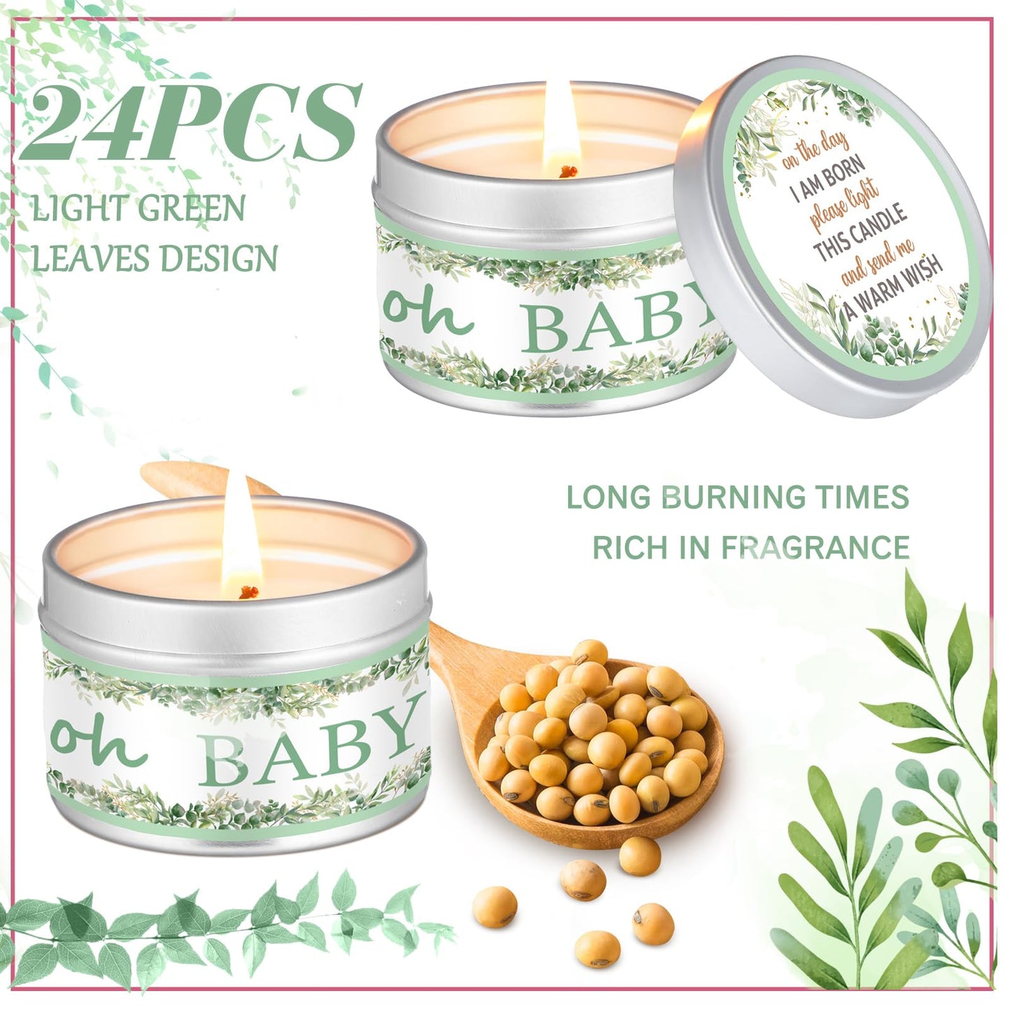 MTLEE 24 Pcs Eucalyptus Baby Shower Party Favors Candles Lavender Scented Baby Shower Favors for Guests Rustic Tealights Candles Gender Reveal Return Gifts (1.2 Oz, Sage Green)