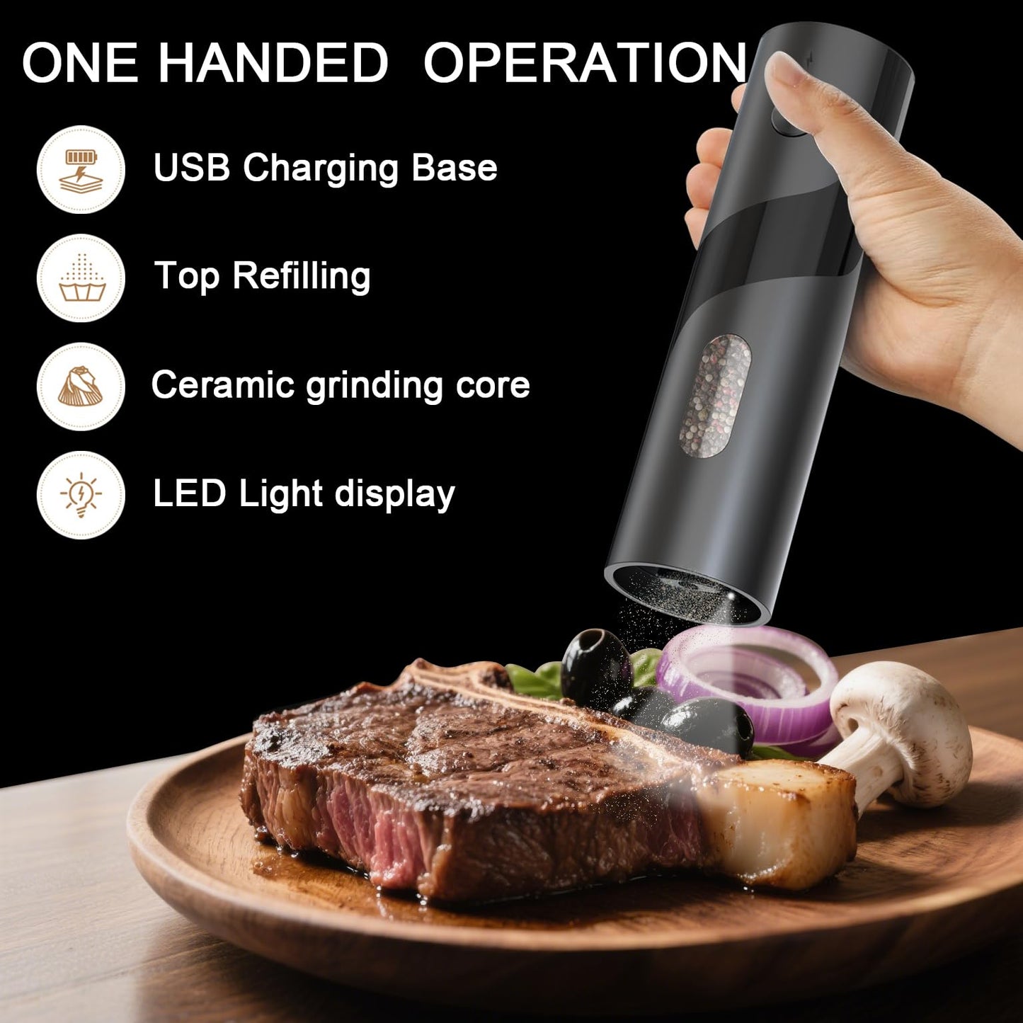 Electric Salt and Pepper Grinder Set with Charging Base，Matte Automatic Pepper Grinder Set Top-Refill, Flexible Coarsenes, 110ml Larger Capacity with LED Light for Home Kitchen (2 pack)