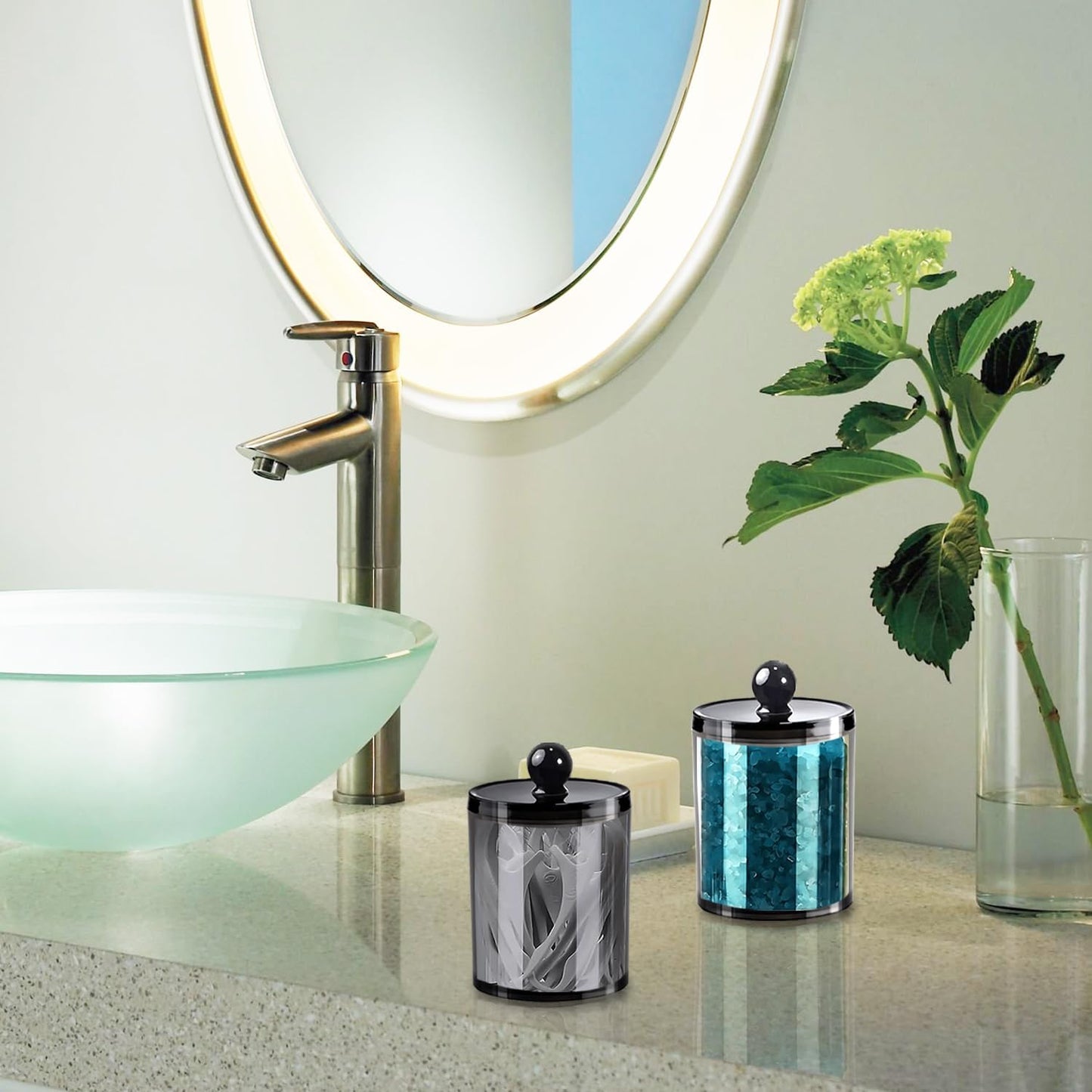 Regine Switzerland Cotton Buds Dispenser - Clear Black Round Holder | 10 oz Apothecary Jar Set for Storage