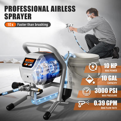 Airless Paint Sprayer - High Efficiency Thinning-Free Electric Spray Gun with Brass Nozzles & Extension Rod, Minimal Overspray for Home Interior/Exterior (Silver)