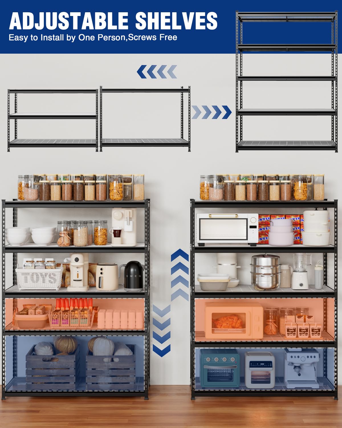 WORKPRO 5-Tier Heavy Duty Metal Shelving Unit, 72”H x 48”W x 24”D, Adjustable Storage Rack with 4000 lbs Capacity, for Garage, Basement, Workshop, Warehouse