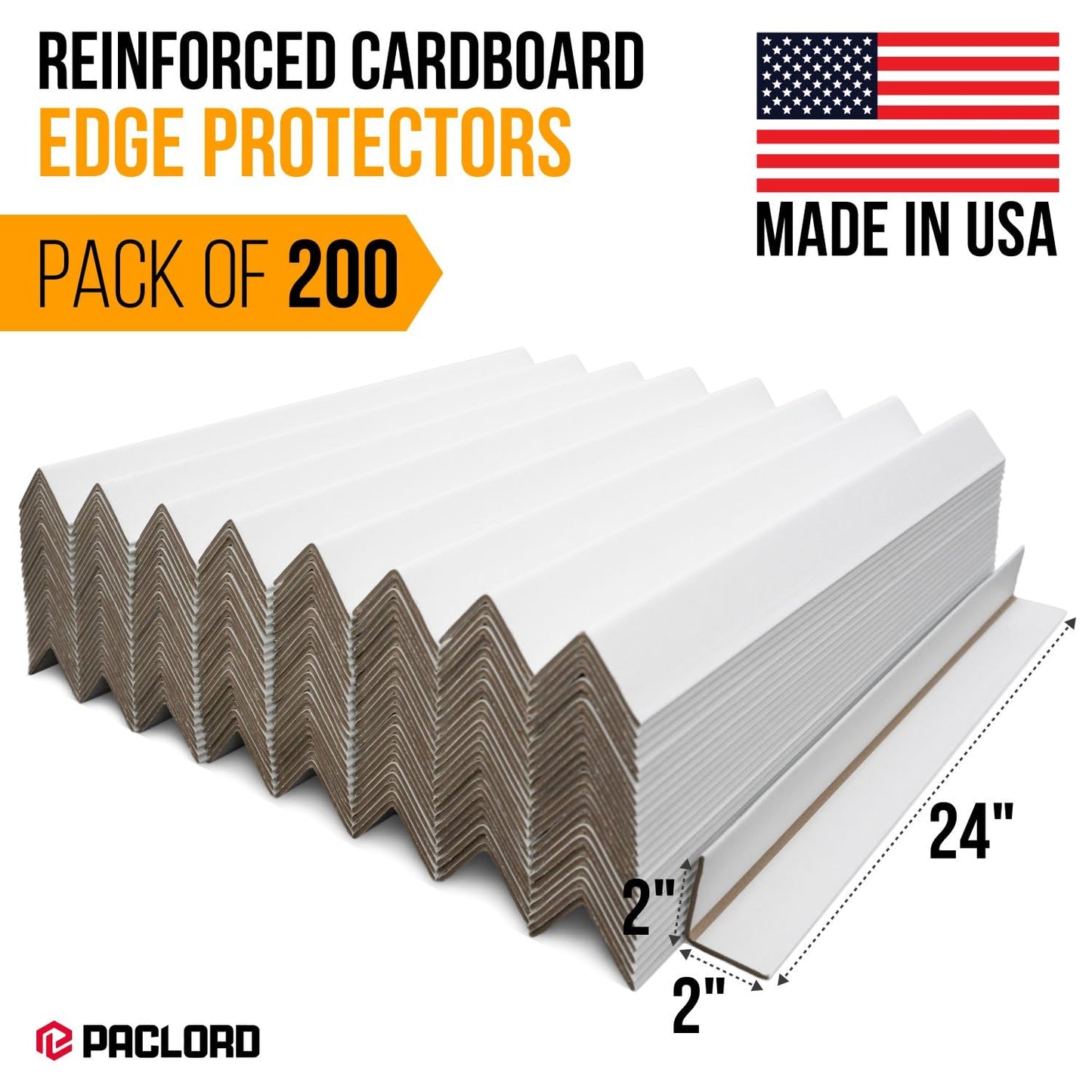 Paclord 24" x 2" x 2" Reinforced Cardboard Edge Protectors, White (Pack of 200) – 0.16" Thick Heavy-Duty Cardboard Corner Protectors for Shipping – American Quality V-Board Pallet Edge Guard
