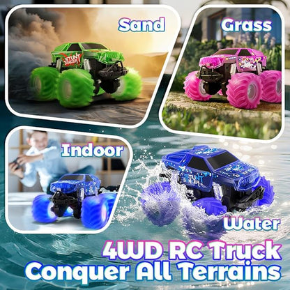 Amphibious Monster Truck Toy Waterproof Remote Control Car 4WD Off-Road RC Truck with Colorful Light RC Stunt Car Toy for 4-7 8-12 Year Boy Birthday Gift Present