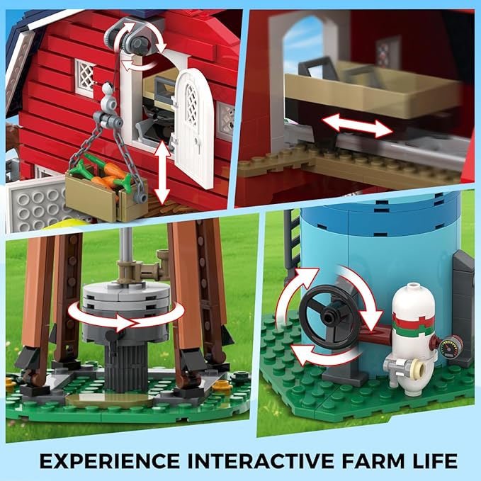 Western Farm Barn House Easter Building Set with Lights Newly Enhanced with Reinforced Structure 1434PCS Red Barn Building Toy with Animals Horse Tractor Windmill for Adults Boys Girls 10+