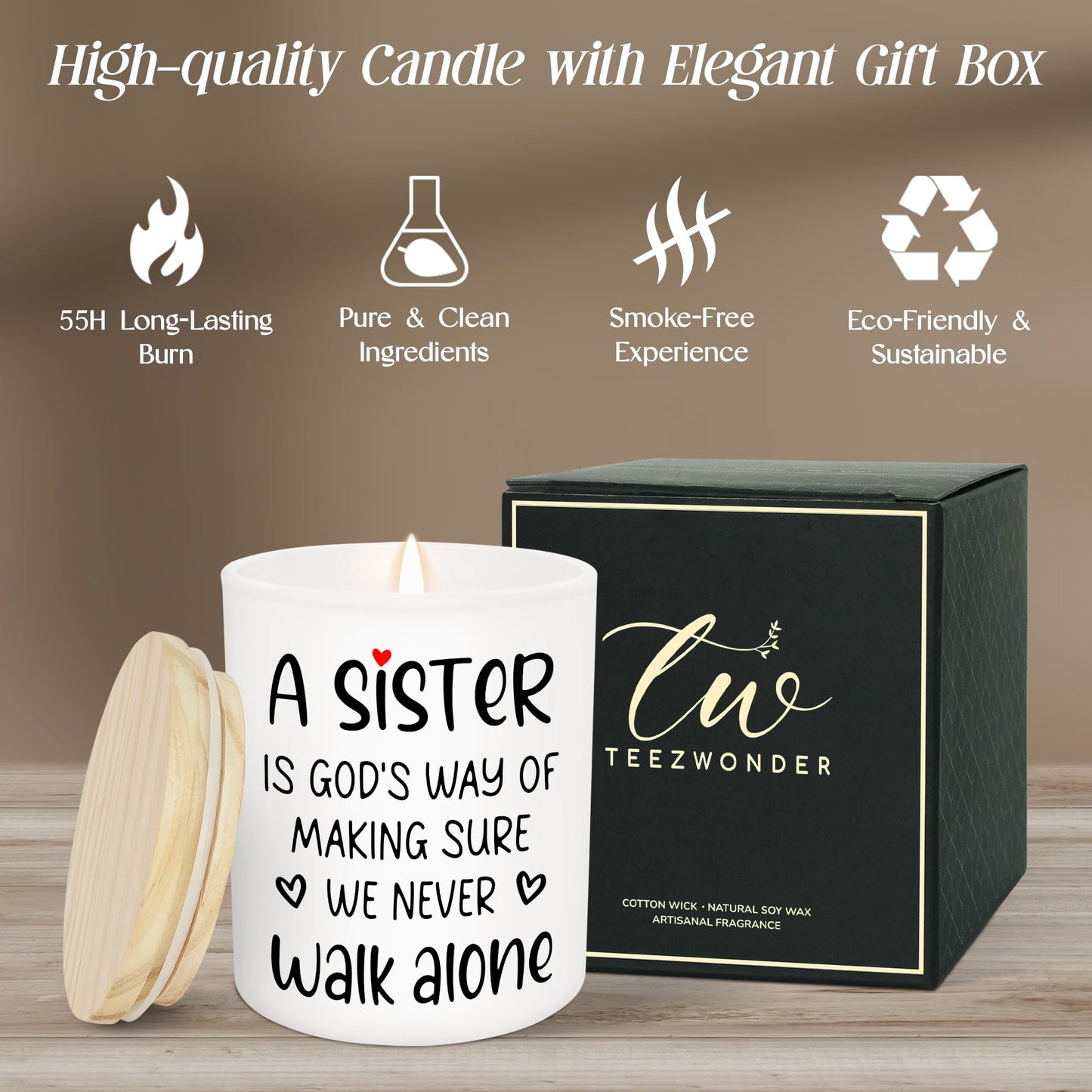 TEEZWONDER Sister Gifts for Women - Never Walk Alone Long Lasting Vanilla Lavender Candle 10 oz - Christian Birthday Gifts for Sisters from Sister, Candle for Women