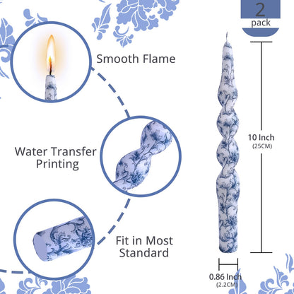NJAO HOO Floral Taper Candles 10 in Spiral Candlesticks Hand Printed Blue Flower Candlestick Twisted Taper Candle for Home Garden Decor, 2Pcs