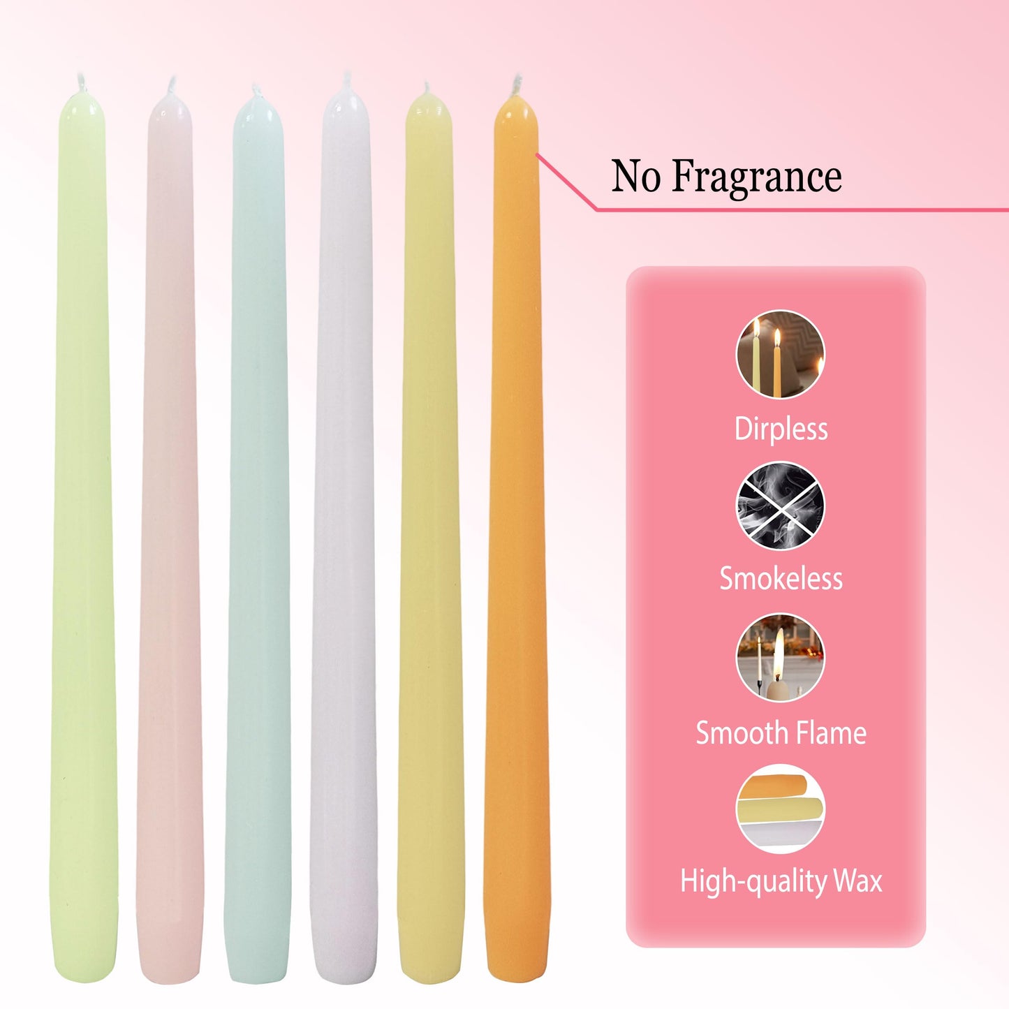 10 Inch Taper Candles Handmade Smokeless Set of 6 – Unscented Tapered Candles in Candy, Candle Sticks for Wedding, Home Decor, and Dinner Table