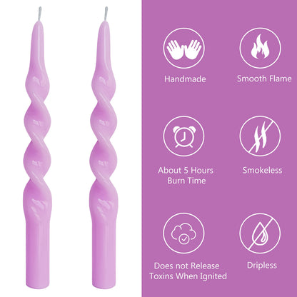 10 Inch Taper Candles Candle Sticks Unscented Handmade 2 Pack Smokeless Long Time Twisted Candlesticks for Wedding Decoration Yoga(Purple)