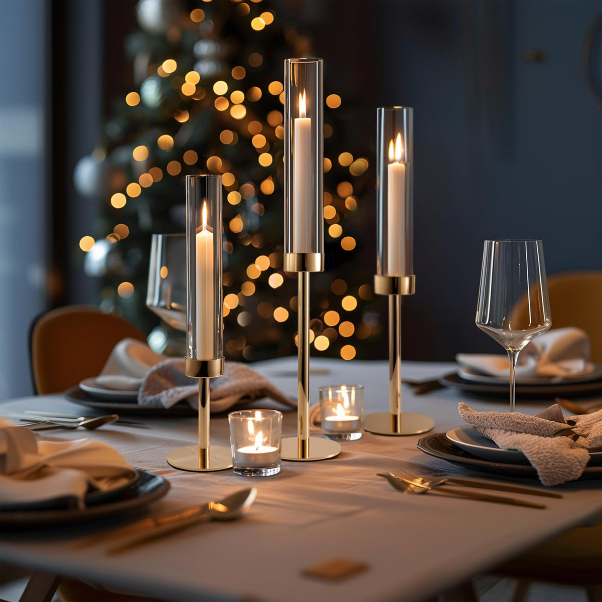 Gold Hurricane Candle Holders, Set of 6 Glass Taper Candlestick Holders Metal Candle Stands Bulk with Glass Cover for Dining Tables Wedding Candelabra Centerpieces Decor
