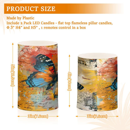 ALAZA Handwriting Butterfly Flameless Candles, LED Pillar Candles with Remote Timer, Battery Operated Candles Set of 2