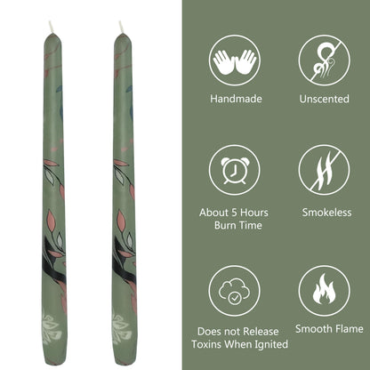 10 Inch Taper Candles Leaf Print Candle Sticks Handmade Set of 2 Unscented Long Candle Smokeless Tapered Candles for Meditation Wedding Spa(Green)
