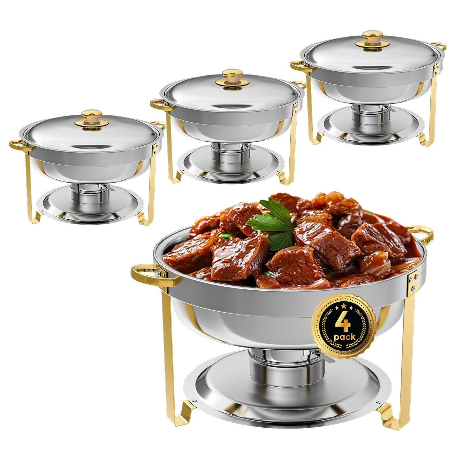 IMACONE Chafing Dish Buffet Set of 4, 5QT Round Stainless Steel Chafer for Catering, Upgraded Chafers and Buffet Warmer Sets w/Food & Water Pan, Lid, Gold Frame, Fuel Holder for Party Wedding Holiday
