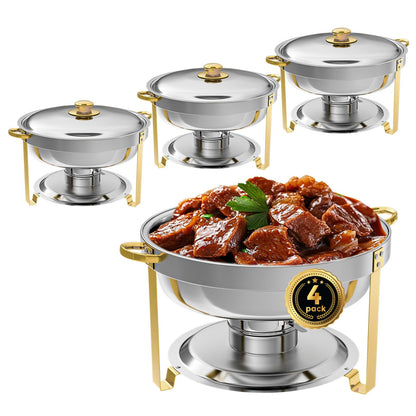 IMACONE Chafing Dish Buffet Set of 4, 5QT Round Stainless Steel Chafer for Catering, Upgraded Chafers and Buffet Warmer Sets w/Food & Water Pan, Lid, Gold Frame, Fuel Holder for Party Wedding Holiday